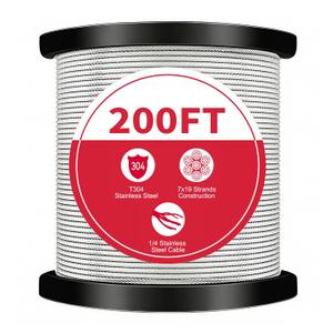 1/4" Stainless Steel Cable,7x19 Strand Aircraft Wire Rope,Cable for and Outdoor Pulley Cables,Breaking Strength 6400 Ibs (1, 200FT)