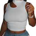 LovelyWholesale Womens 3 Pack Cut Out Crop Tops Mock Neck Summer Tank Top Sleeveless Shirt White/Brown/Hot Pink Small (S)