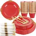 Nervure 175PCS Red Plastic Plates - Disposable Red Gold Party Plates & Pre Rolled Napkins with Cutlery for 25 Guests, 50Plates, 75Silverware, 25Cups, 25Napkin for Wedding & Party & Independence