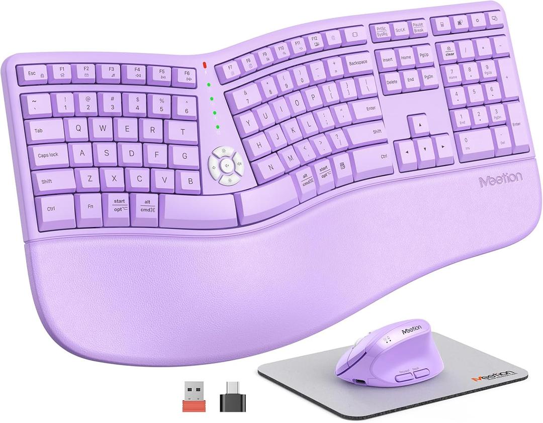 MEETION Ergonomic Wireless Keyboard and Mouse, Curved Keyboard with Vertical Mouse, Split Ergo Keyboard with Wrist Rest, Natural Typing Rechargeable Full Size, Windows/Mac/PC/Laptop, Purple
