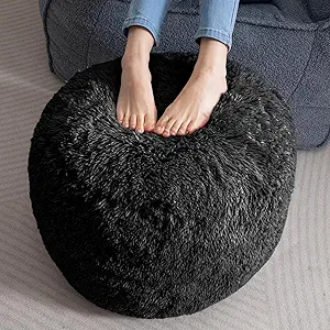 HIGOGOGO Round Stuffed Pouf Ottoman, Long Faux Fur Poufs with Foam Chunk Filling, Fluffy and Furry Pouf Foot Stool Storage Ottoman, 20 X 18 Floor Poufs Foot Rest