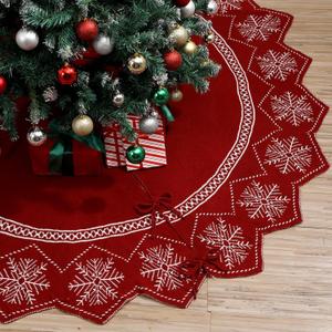 48inch Christmas Tree Skirt Wavy Edged Reversible Knitted Tree Skirt Burgundy & Snowflake Pattern Thick Rustic Xmas Trees Decorations with Lace Ties for Holiday Home Party Decorations