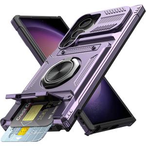 Vofolen for Samsung Galaxy S23 Ultra Case Wallet with Card Holder, Store 2 Cards + 360 Rotated Ring Kickstand Dual Layer Heavy Duty Shockproof Wallet Phone Case for Samsung S23 Ultra, Purple