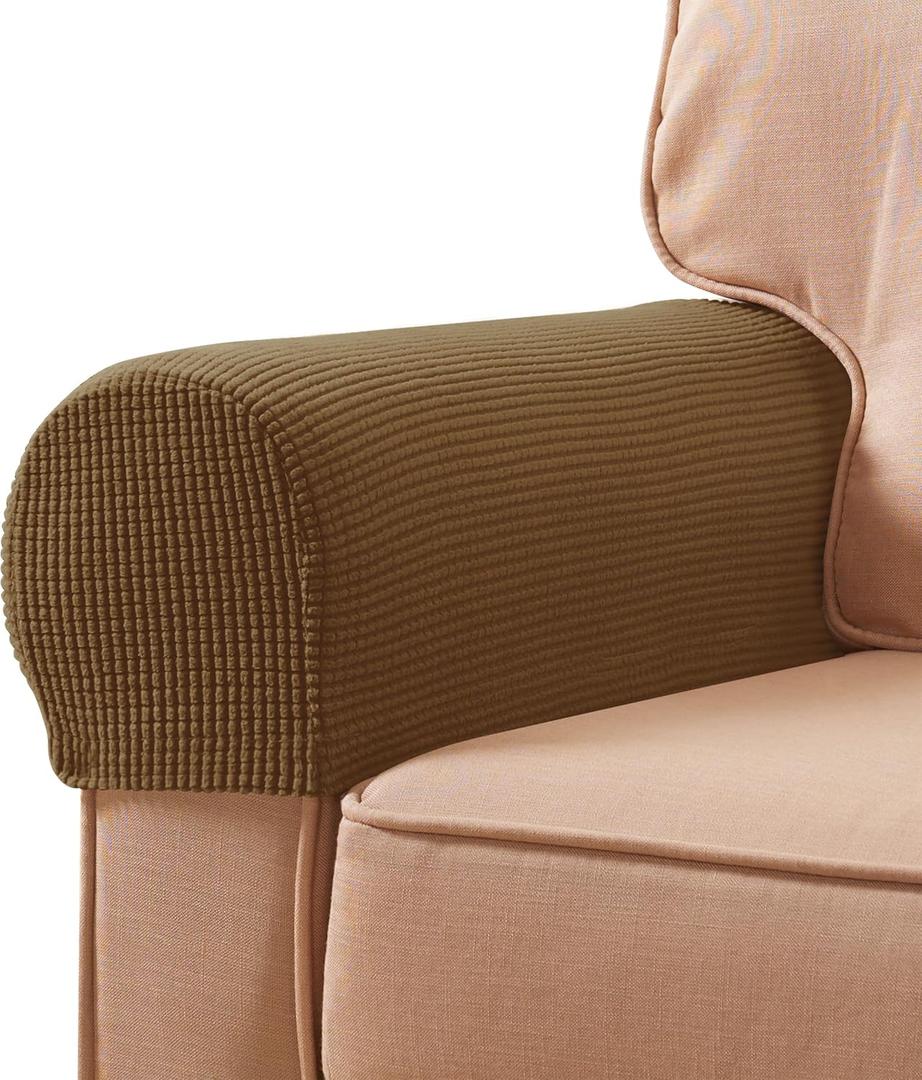 SUBRTEX Stretch Couch Arm Covers Set of 2, Checkered Sofa Arm Slipcovers, Anti-Slip Armrest Covers for Recliner and Armchairs, Pet Proof, High Stretchy, Hook & Loop Tape, Coffee