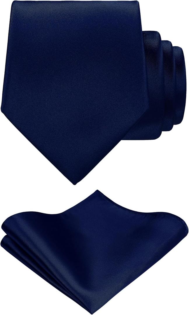 TIE G Solid Satin Woven dyed Color Formal Black Necktie and Pocket Square Sets in Gift Box (Dark Navy)
