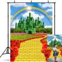 5X7FT Green Castle Backdrop Yellow Brick Road Party Decorations Background for Kids Adult Birthday Floral Rainbow Princess Wonderland Photography Banner