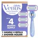 Gillette Venus Extra Smooth Contour Razor for Women, Includes 1 Reusable Razor Handle + 4 Count 5-Bladed Razor Refills, Women's Razor with Flexiball Pivoting Handle and Shower Holder