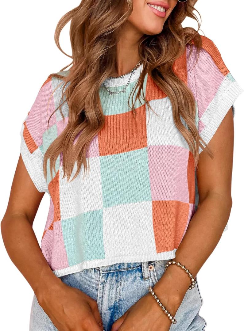 Saodimallsu Womens Cap Sleeve Crop Tops Summer Color Block Going Out Crew Neck Knit Trendy Casual Sweater (Small)