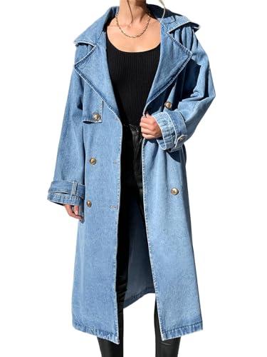 Fazortev Women's Long Double Breasted Denim Jacket Oversized Button Down Maxi Jean Coat Classic Lapel Outercoat. size small