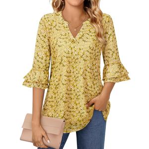 Business Casual Tops for Women 3/4 Sleeve Floral Tops Bell Sleeve Dressy Casual Womens Blouses for Work Professional Western Office V Neck Shirts Chiffon Wedding Evening Date Outfits Yellow Floral M (M)