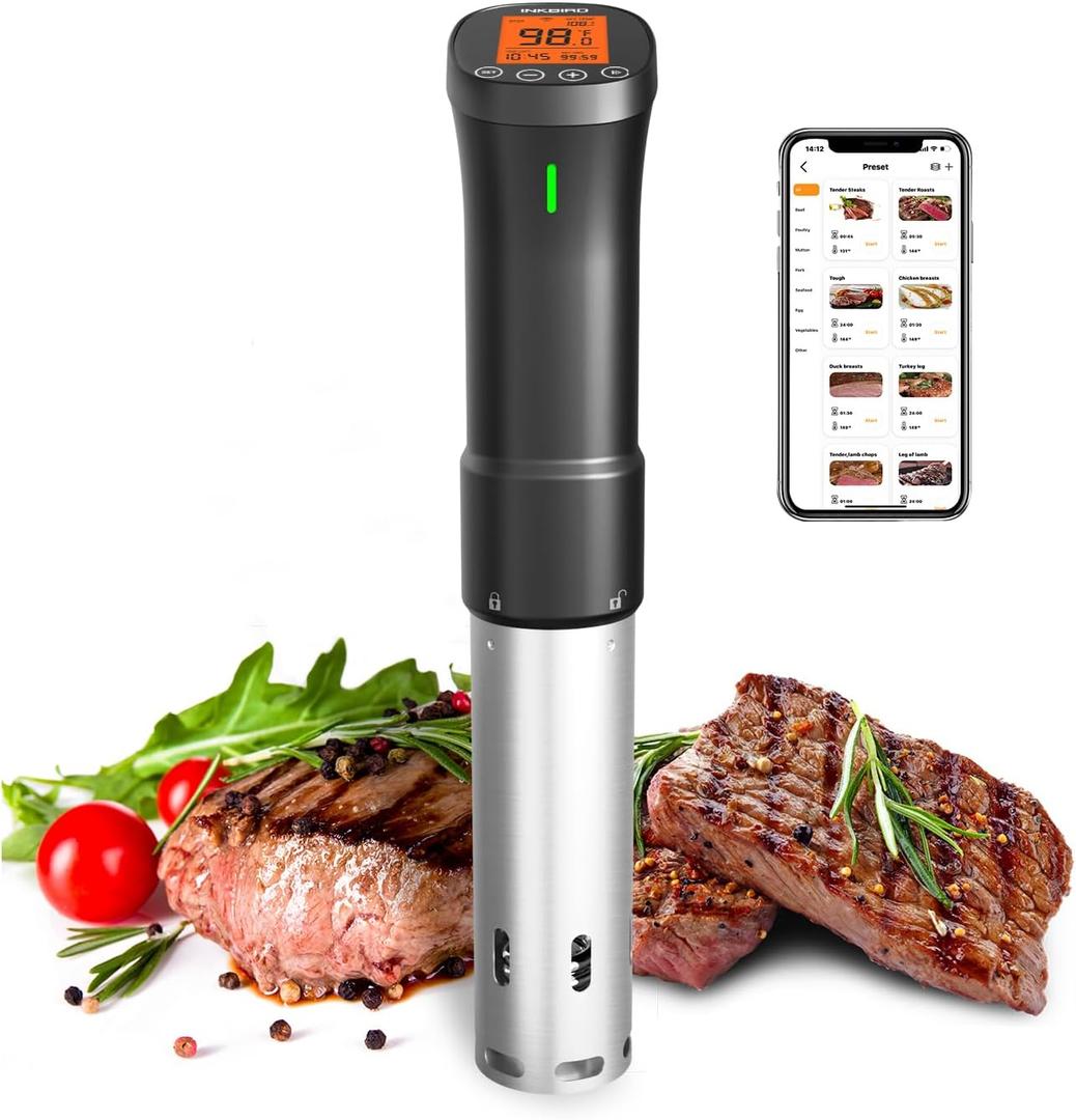 2.4G WIFI Sous Vide Cooker INKBIRD Sous Vide Machine with APP Control, 1000 Watts Immersion Circulator with APP Recipes Timer Alarm Mobile Notification, 3D Water Fast Heating Ultra-Quiet