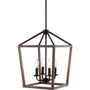 JONATHAN Y 13" Oil Rubbed Bronze/Faux Wood 4-Light Farmhouse Lantern Pendant Light, LED Cage Chandelier for Kitchen Island, Foyer, Entry, Metal Wood Finish Shade, Bulbs Included (JYL1322A)