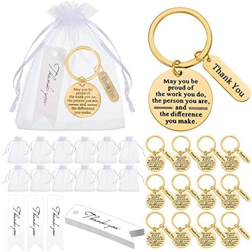Yinkin 12 Pcs Employee Appreciation Gifts Bulk for Coworkers Keychains Organza Bags with Cards for Staff Graduation Favors(Gold)