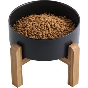 Black Elevated/Raised Dog Bowl Ceramic with Wood Stand for Medium Large Breed, Dog Food Water Dish Heavy Weighted,8 in Non Slip Modern Cute Porcelain Pet Bowl Extra Large