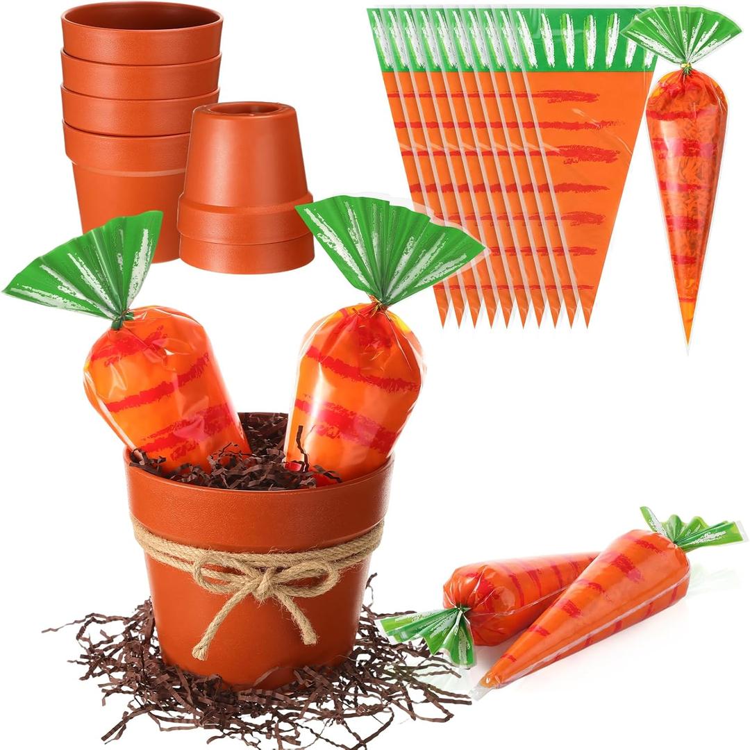 Novabright 46 Pack Easter Crafts Kits Lager DIY Carrot Party Favors 40 Pcs Carrot Treat Bag 6 Pcs Plastic Pot for Candy Easter Table Centerpiece Gift Basket Activities Party Favors Supplies