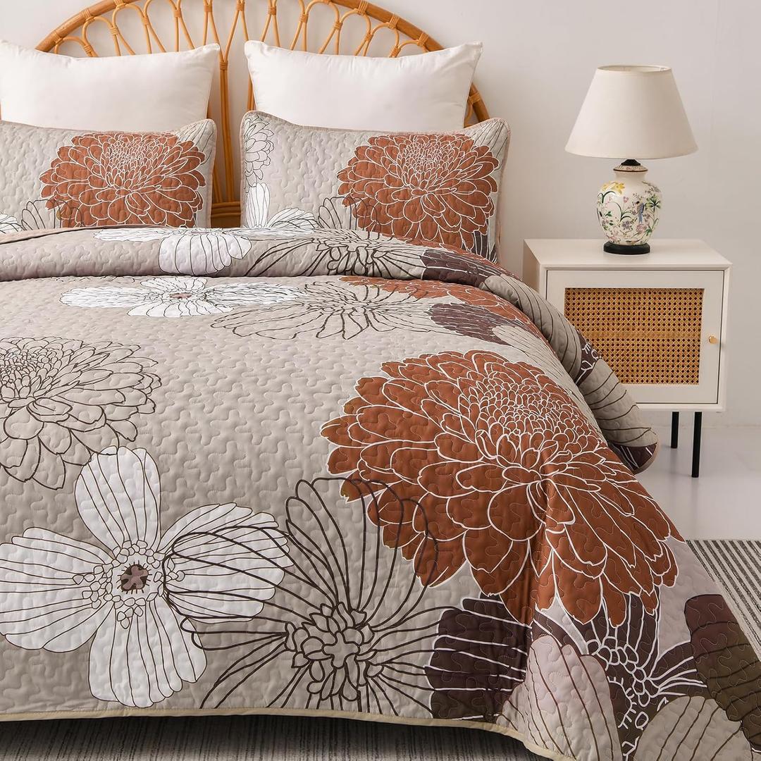 King Quilt Sets Brown Floral Pattern Quilt Bedding Set, 3 Pieces Botanical Quilt Bedspread Coverlet Set, Soft Microfiber Bed Coverlet Bedding Set for All Season((104" x 90)