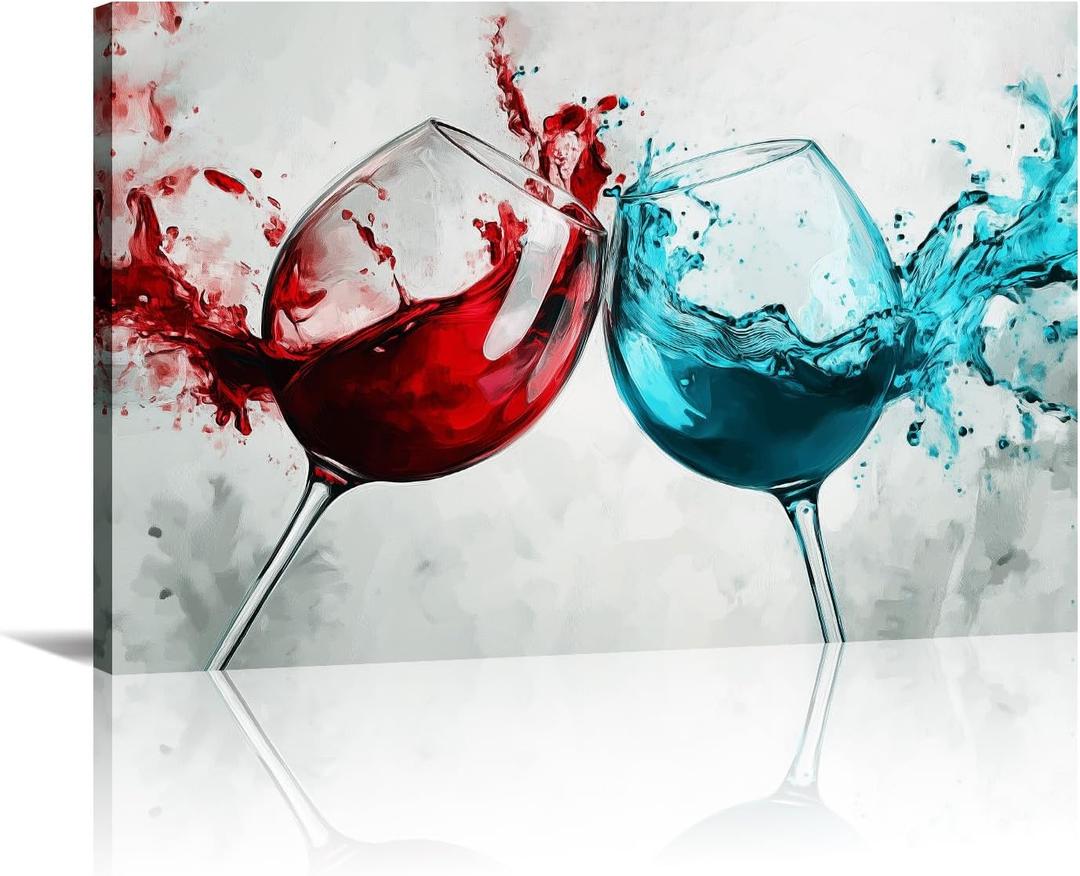 Kitchen Canvas Wall Art Wine Picture Wall Decor Teal and Red Wine Painting Prints Modern Artwork for Bar Restaurant Dining Room Home Decor Framed(Art-1,16.00x24.00 inch)
