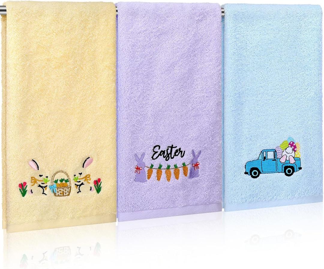 2 x Moukeren 3 Pcs Easter Hand Towels for Bathroom 14 x 29 Inch Cotton Embroidered Easter Kitchen Towels Bunny Carrot Truck Decorative Blue Yellow Purple for Home Drying Cleaning Cooking