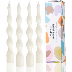 9.8 Inch White Spiral Taper Candles Dripless Twisted Taper Candle Handmade from Vegan Soy Wax for Holiday Wedding Party Home Dinner Decoration Party and Any Occasion,Set of 4(White)