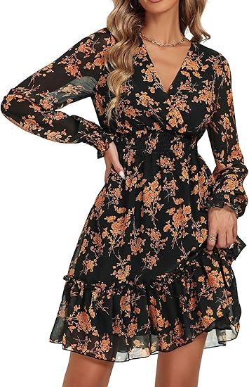 Prettywear Women's Floral Chiffon Long Sleeve Mini Dress Flowy A-Line Wrap Neck Tie Back Short Dress XL