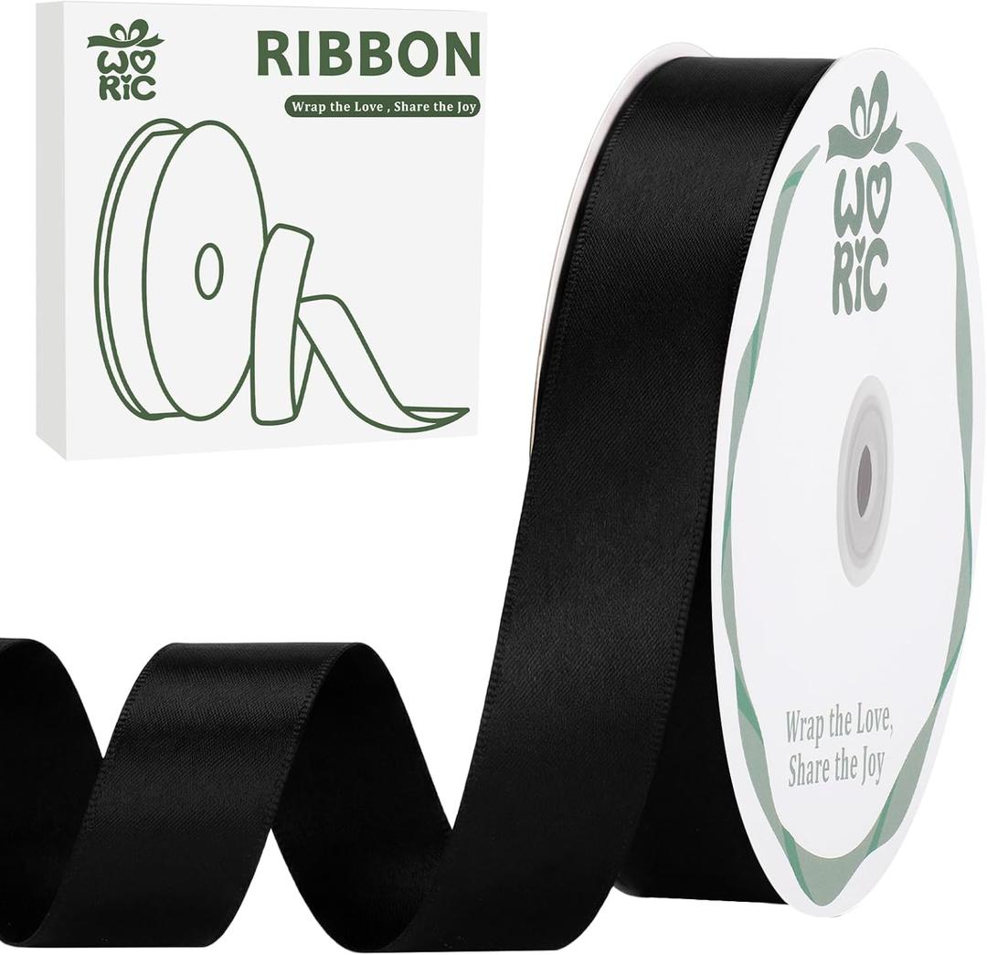 woric Black Satin Ribbon 60 Yards 1 inch Double Faced Black Bows for Gift Wrapping Hair Bows Sewing Mothers Day DIY Crafts Graduation Leis Home Decor