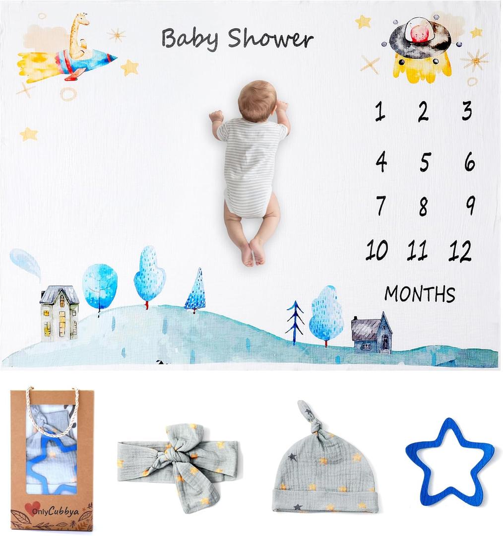 Baby Monthly Milestone Blanket 40" X 50" Play Mat with Matching Hat & Bow Newborn Gifts Kids Photography Props for Boy and Girl (Baby Shower)