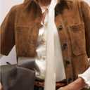 Women's Suede Short Sleeve Lapel Single Shirt Classic Button - Down with Chest Pockets jacket