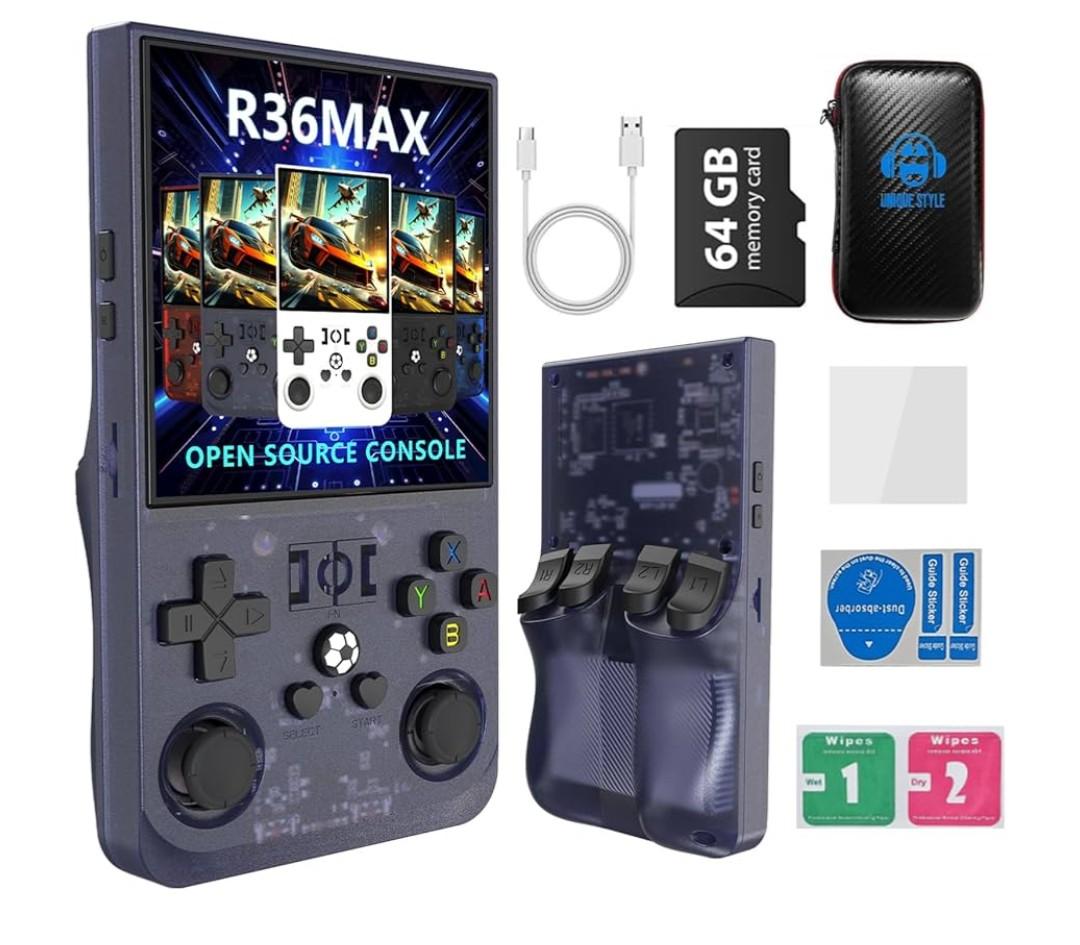 R36MAX 4000mAh Portable Rechargeable Handheld Retro Game Console,Comfort Non-Slip Handheld Standing Retro Game Console with 64G TF Car,4.0-inch Screen,for Office,Purple Gray