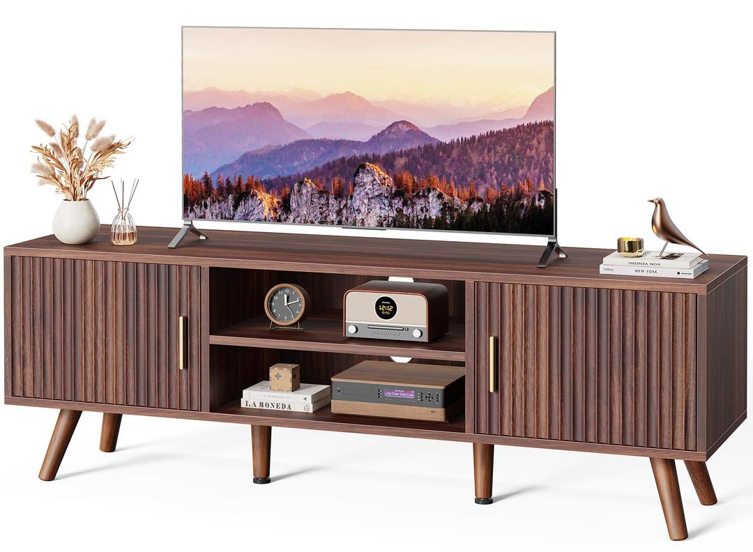 SUPERJARE TV Stand for 55 Inch TV, Entertainment Center with Adjustable Shelf, 2 Cabinets, TV Console Table, Media Console, Solid Wood Feet, Cord Holes, for Living Room, Bedroom, Walnut