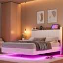 Qeetex IDEALHOUSE Queen Floating Bed Frame with LED Lights Charging Station Upholstered Platform Bed with Storage Headboard Wood Slats Support No Box Spring Needed Easy to Assemble