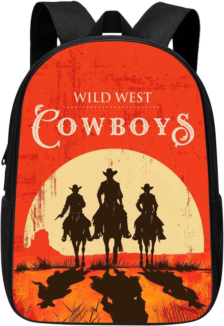 Cowboy Backpack Wild West Cool Cowboys Ride Horses School Backpack for Men Women Teens Kids, Westen Vintage Red Black Shoulders Backpack Outdoor Casual Travel Daypacks, 17 Inches