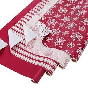 BIOBROWN Christmas Wrapping Paper with Tags and Trim Ribbon - 30" X 10' Per Roll (4 Rolls: 100 sq. ft. ttl.) - Christmas Toile Scene Design for Christmas, Party, Xmas, Holiday