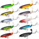 10Pcs Whopper Fishing Lure for Bass Popper Top Water Fishing Lures with Floating Rotating Tail Barb Treble Hooks in Saltwater Freshwater Plopping Lures Kit