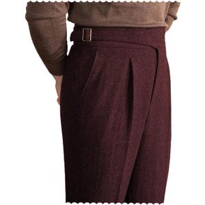 Men Trousers Vintage Tweed Blend Pants Herringbone Slim Fit Pleat-Front Pant (34W x 34L, Burgundy)
