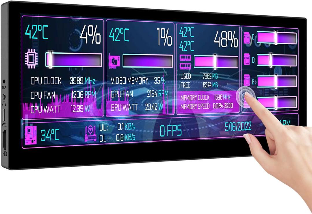 10.3inch Small Touchscreen Portable Monitor 1920x720 60hz with Speaker, IPS Screen HDMI USB-C Monitor for Raspberry pi 5B/4B/3B,Xbox,Switch, Laptop, PC GPU CPU AIDA64 Monitoring