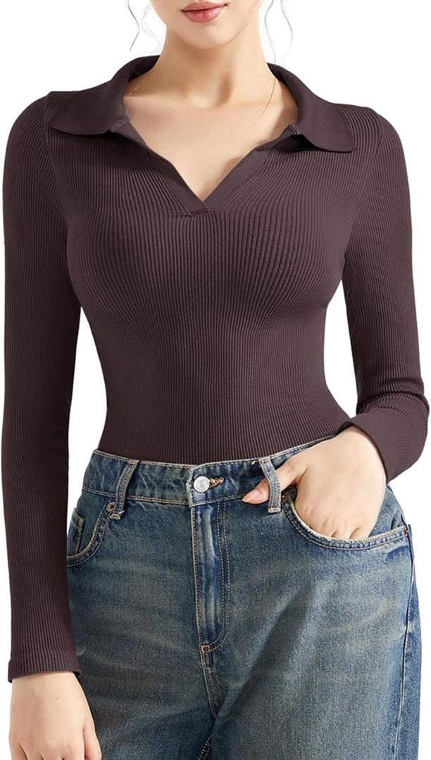 SUUKSESS Women Long Sleeve Ribbed V Neck Polo Shirts Collared Business Casual Slim Fitted Tops for Office Work (Small, Dark Brown)