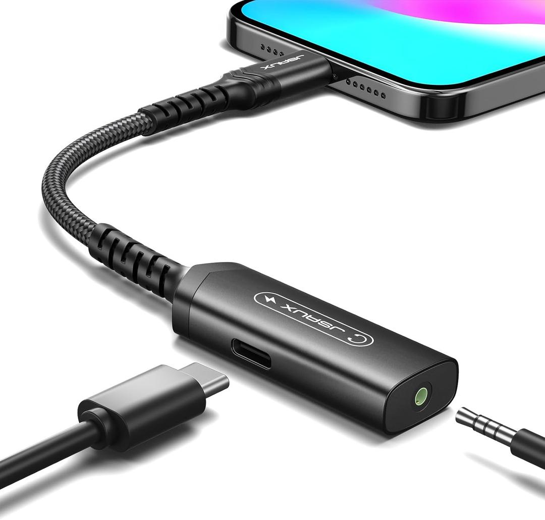 JSAUX USB C to 3.5mm Headphone and Charger Adapter,2-in-1 AUX Mic Jack with PD 60W Fast Charging Earphones, Compatible with iPhone 15 Pro Max/15 Pro/15, Galaxy S24/S23/S22/S21,iPad Pro -Black