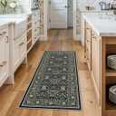 HILORUUG 2x5 Rug Runner Washable: Non-Slip Oriental Floral Carpet for Bathroom Kitchen Hallway - Farmhouse Low Pile Stain Resistant Long Thin Front Door Mat 2x5 Black/ Green/ Multi