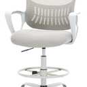 DUMOS Drafting Chair for Standing Desk, Counter Height Adjustable, Fixed Arms, Ergonomic Mid Back Mesh Rolling Work Swivel Office Computer Chairs with Wheels, Grey