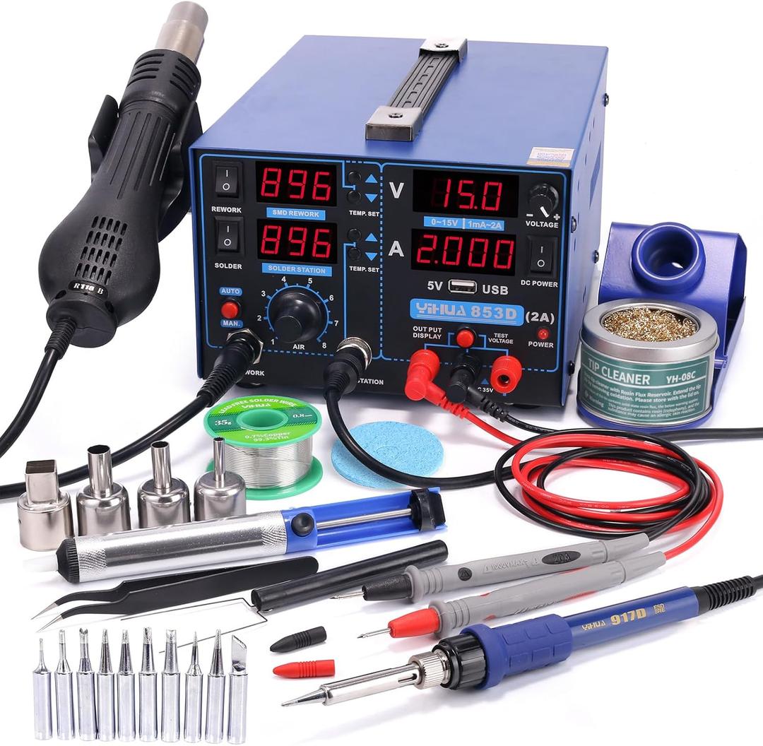 YIHUA 853D 2A USB SMD Hot Air Rework Soldering Iron Station, DC Power Supply 0-15V 0-2A with 5V USB Charging Port and 35 Volt DC Voltage Test Meter