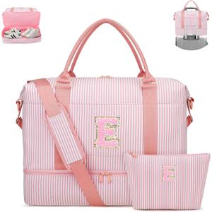 Girls Overnight Weekender Duffle Bag with Shoe Compartment Travel Carry On Teenager Girl Gifts Dance Cheer Gym Bag Personalized Initials Birthday Gifts for Teenage Kids Women (Pink-E)