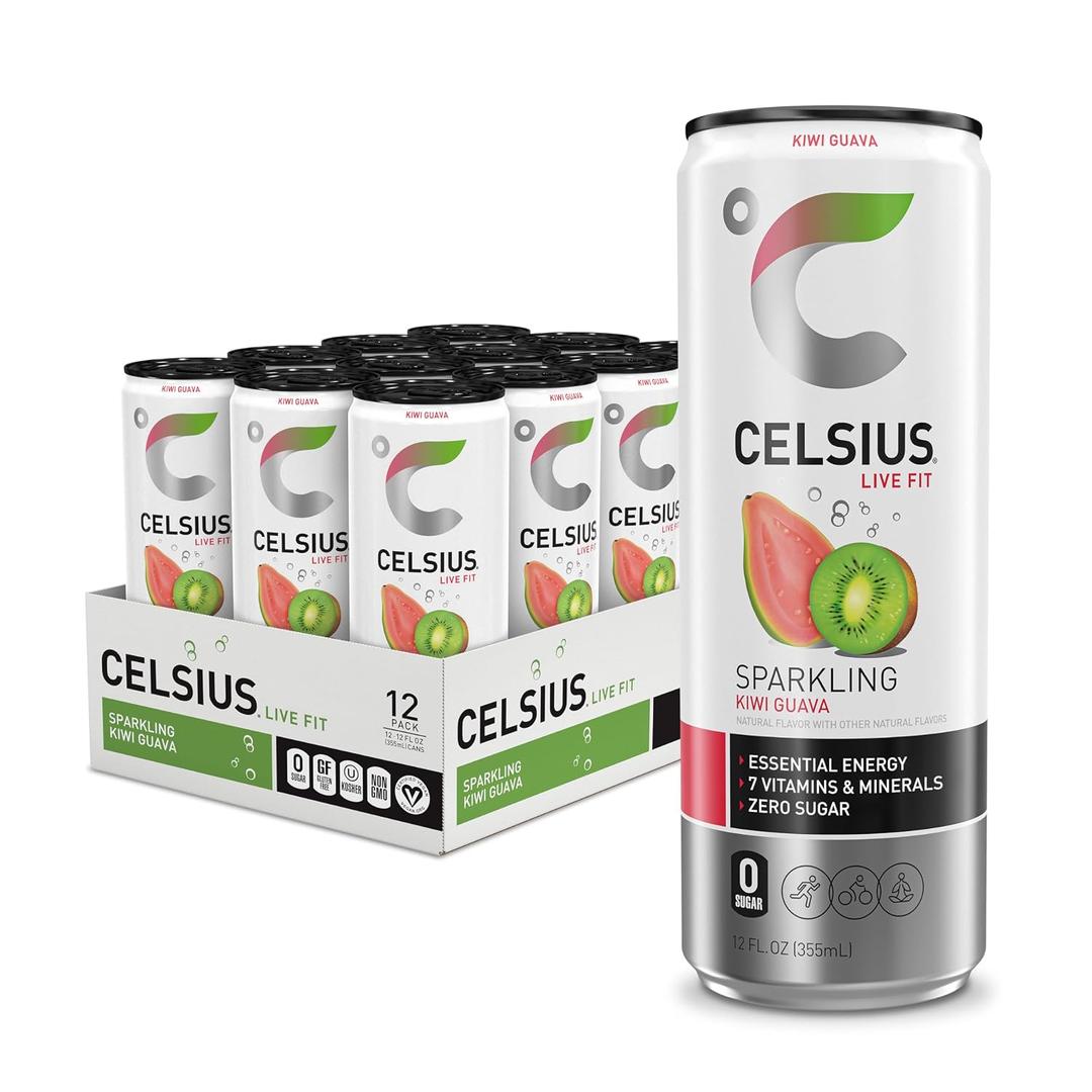 CELSIUS Sparkling Kiwi Guava, Sugar Free Energy Drink, 12 Fl Oz (Pack of 12) (EXP 08/13/27)