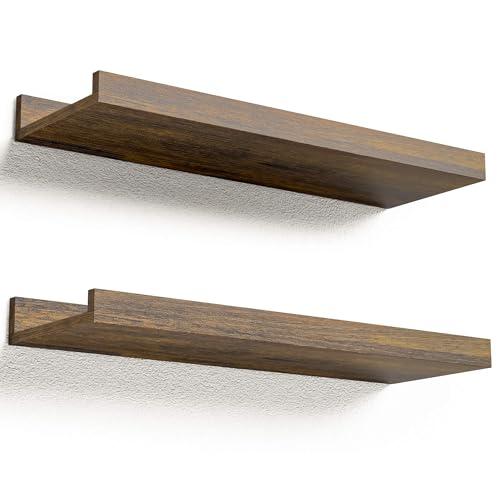 Boswillon Floating Shelves for Wall, Wall Mounted Shelves Set of 2, Rustic Shelves with Lip, Display Picture Ledge Shelf for Wall Decor Living Room Bathroom Kitchen - Brown