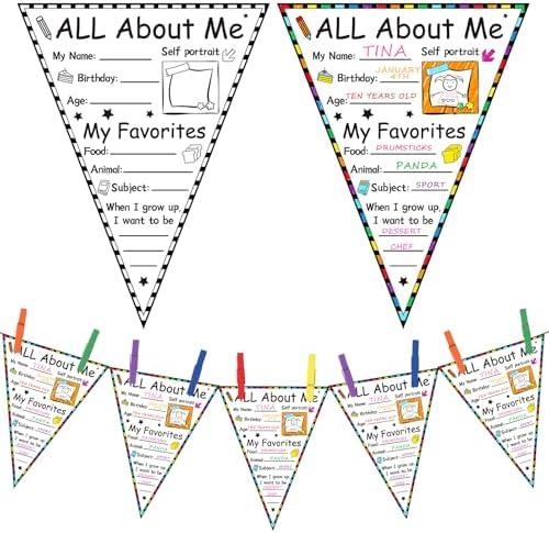 Seajan 36 Pcs Read All About Me Students Posters Elementary Banner Pennants 7 × 9" First Day of School Poster Bulletin Board Display Set for School Students Classroom Party Supplies