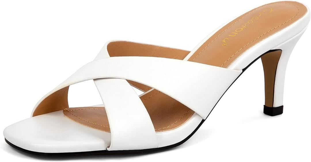 Greatonu Women's Kitten Heels Square Open Toe Kitten Heel Sandals Cross Strap Slip on 2.5 Inch Heeled Sandals (White)