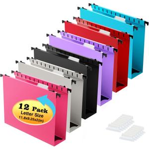 Extra Capacity Plastic Hanging File Folder,12 Pack Reinforced Hang Folders Letter Size,Heavy Duty 2 Inch Expansion,Filing Cabinet Folders,for Bulk Files, Medical Charts, Assorted Colors