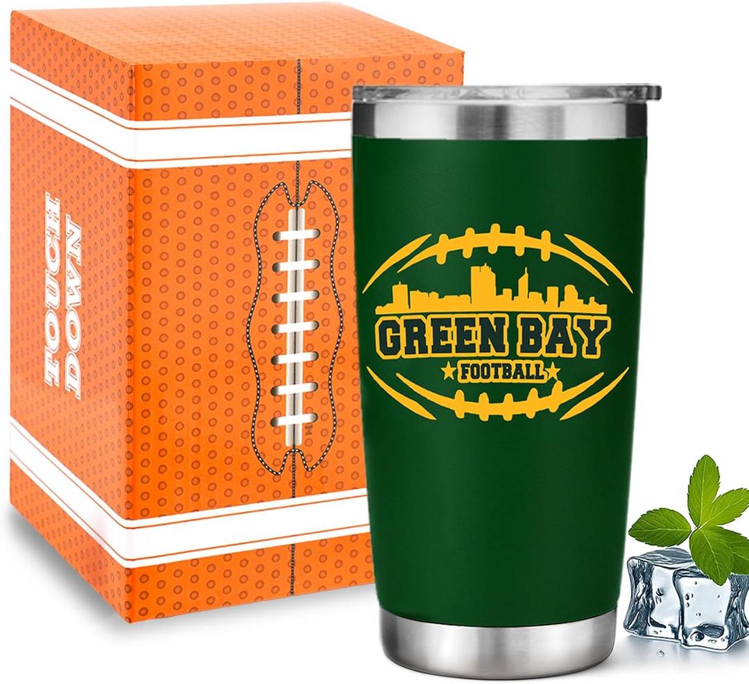 Football Fan 20 Oz Insulated Travel Coffee Cup Mug Tumbler with Lid Themed Merch Shop Men Women Sport Stuff Gear Apparel Packers Team Desk Decor Accessories Husband Boyfriend Dad Unique Birthday Gifts