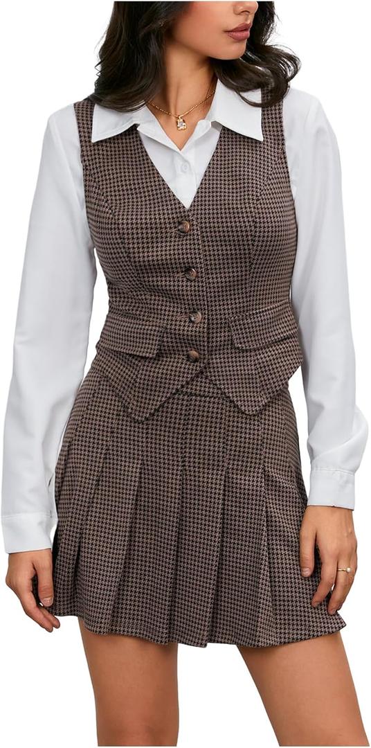 Milumia Women's Plaid Skirt Sets 2 Piece Outfits Blazer Vest Top and Pleated Mini Skirt Suit (Brown)