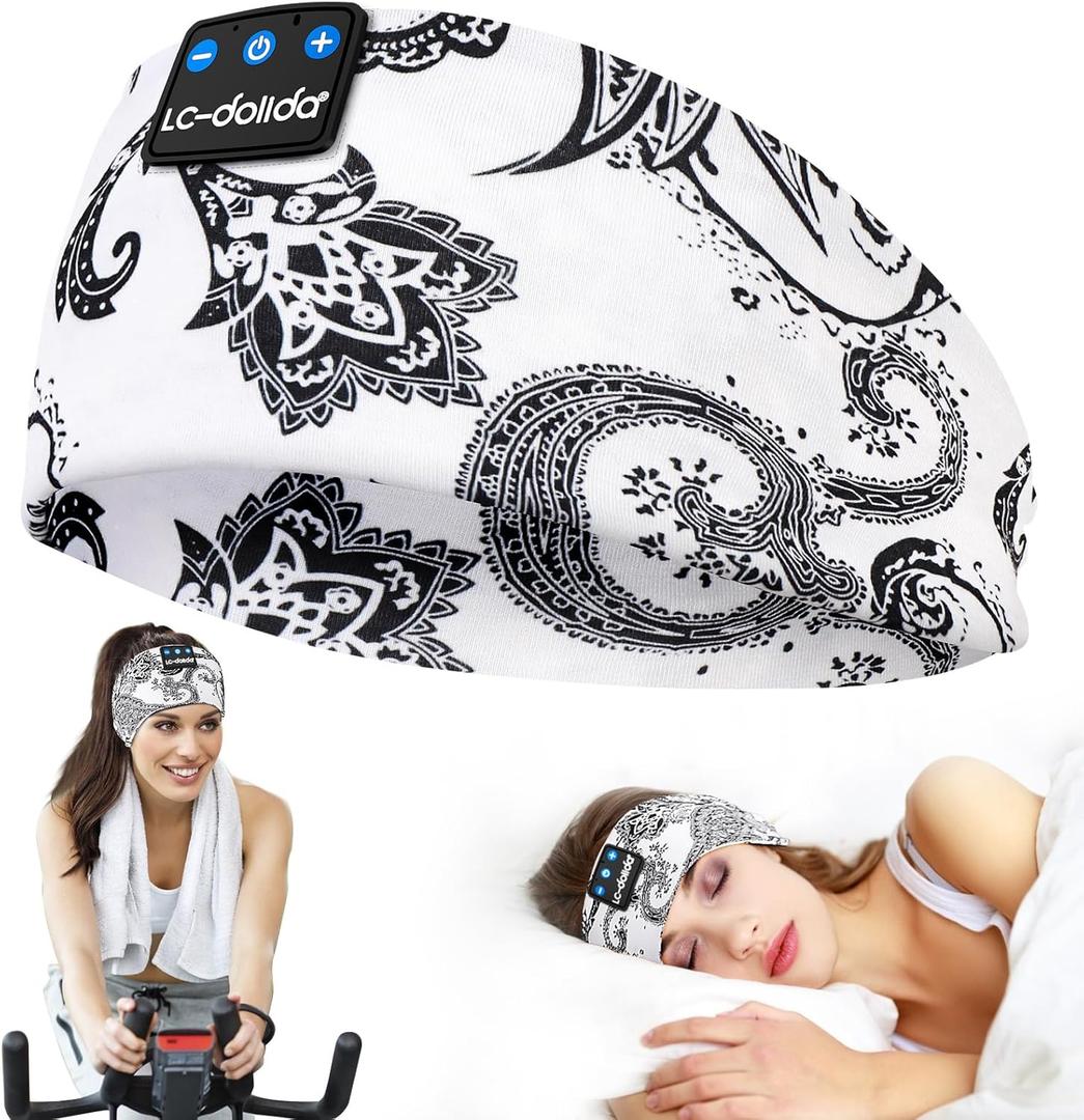 LC-dolida Sleep Headphones Bluetooth Wireless Headphones with Thin HD Stereo Speakers Perfect for Side Sleepers, Sport, Yoga, Travel (Boho White)