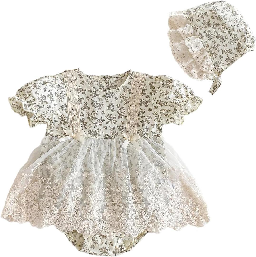 Baby Girl Floral Romper, Long Sleeve Lace Dress Bodysuit with Bonnet, Princess Style Outfit for Newborn and Infant, (Short-Sleeve Beige, 9-12 Months)